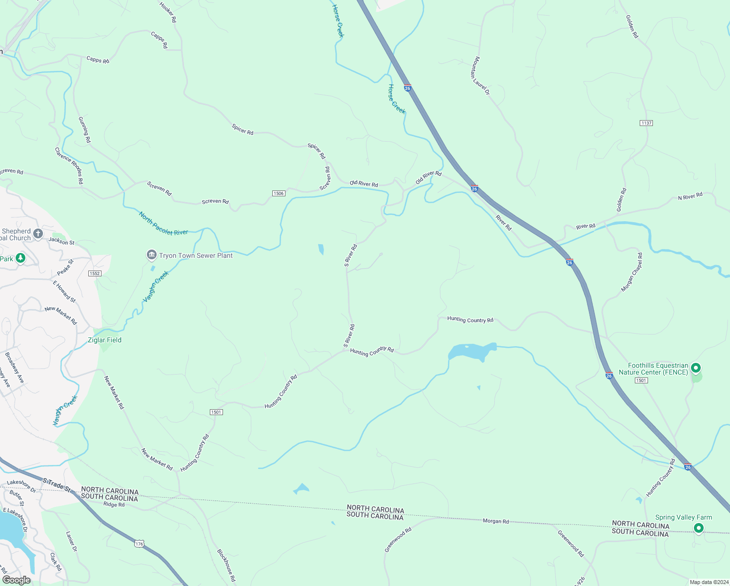 map of restaurants, bars, coffee shops, grocery stores, and more near 300 River Road in Tryon