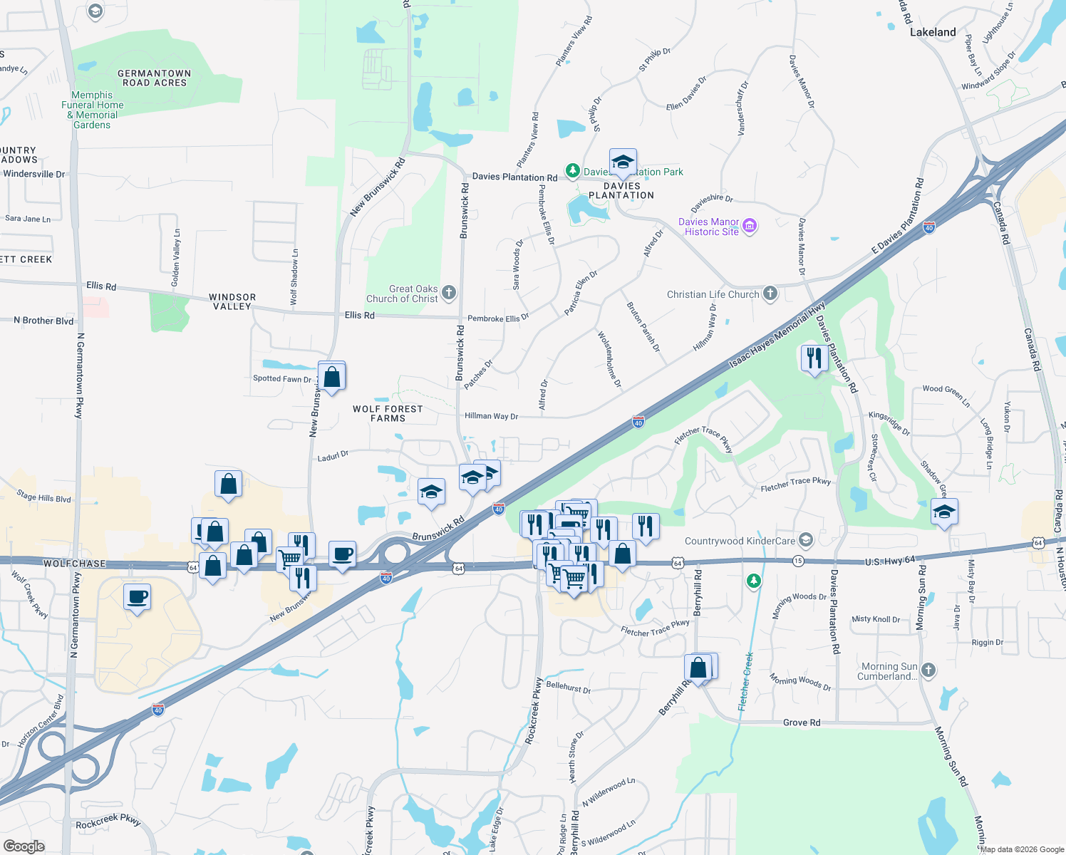 map of restaurants, bars, coffee shops, grocery stores, and more near 8941 Hillman Way Drive in Bartlett