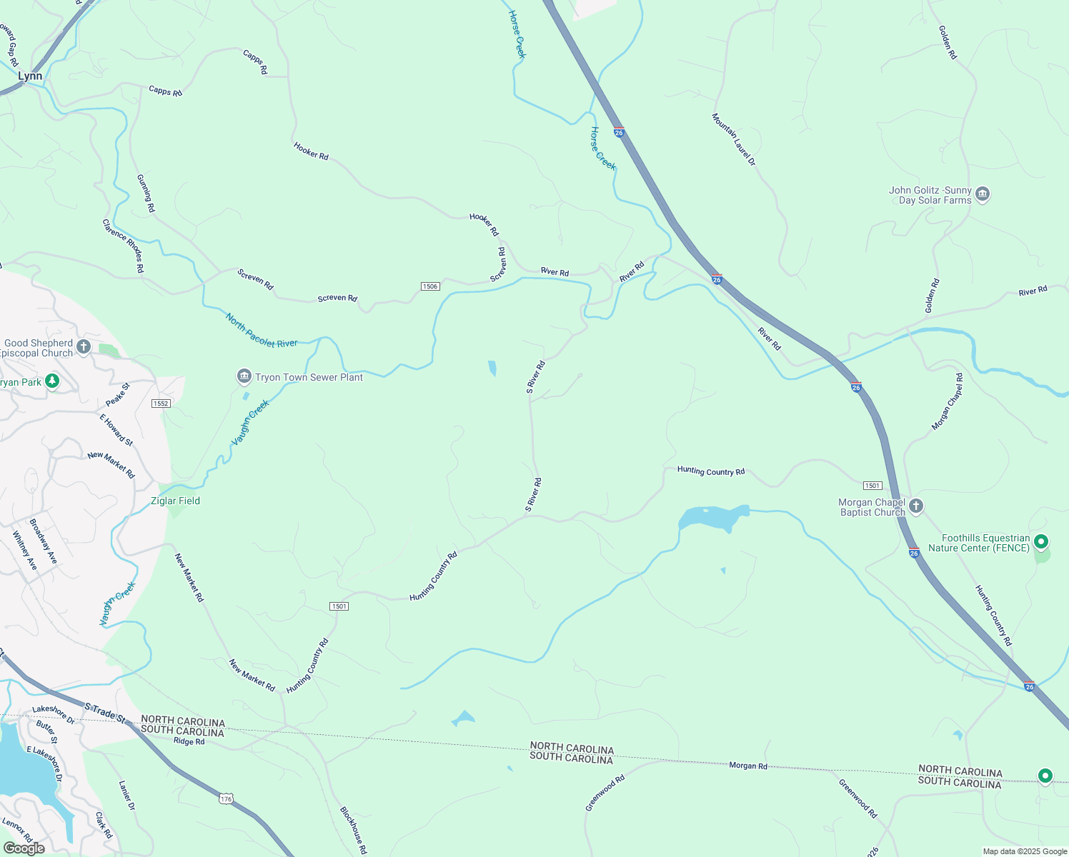 map of restaurants, bars, coffee shops, grocery stores, and more near 300 South River Road in Tryon