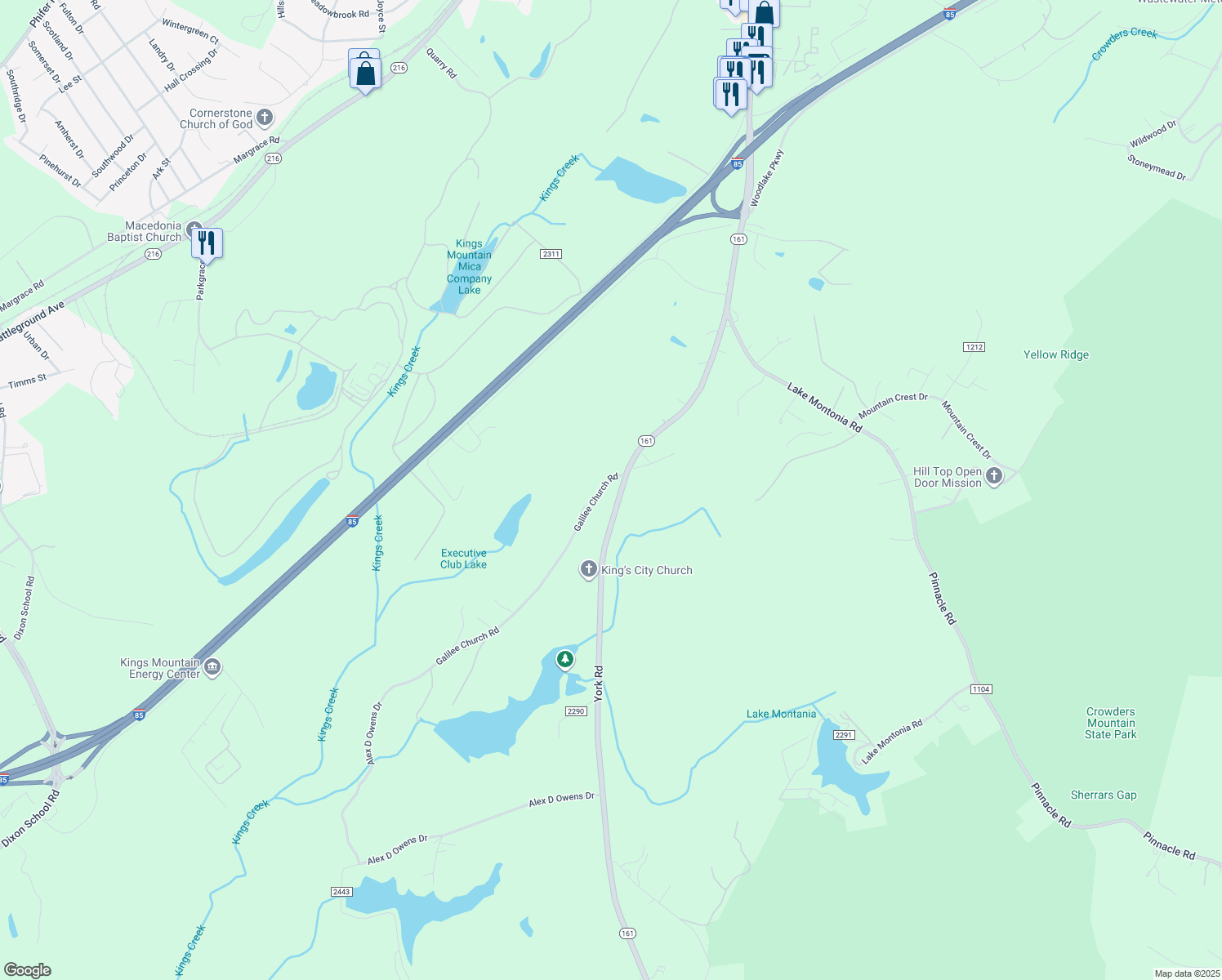 map of restaurants, bars, coffee shops, grocery stores, and more near 1110 York Road in Kings Mountain