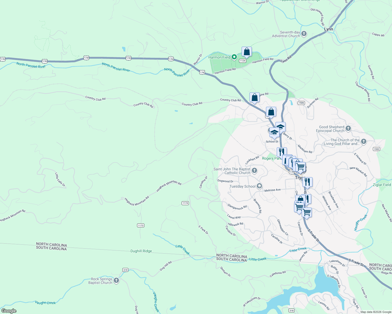 map of restaurants, bars, coffee shops, grocery stores, and more near 300 Carolina Drive in Tryon