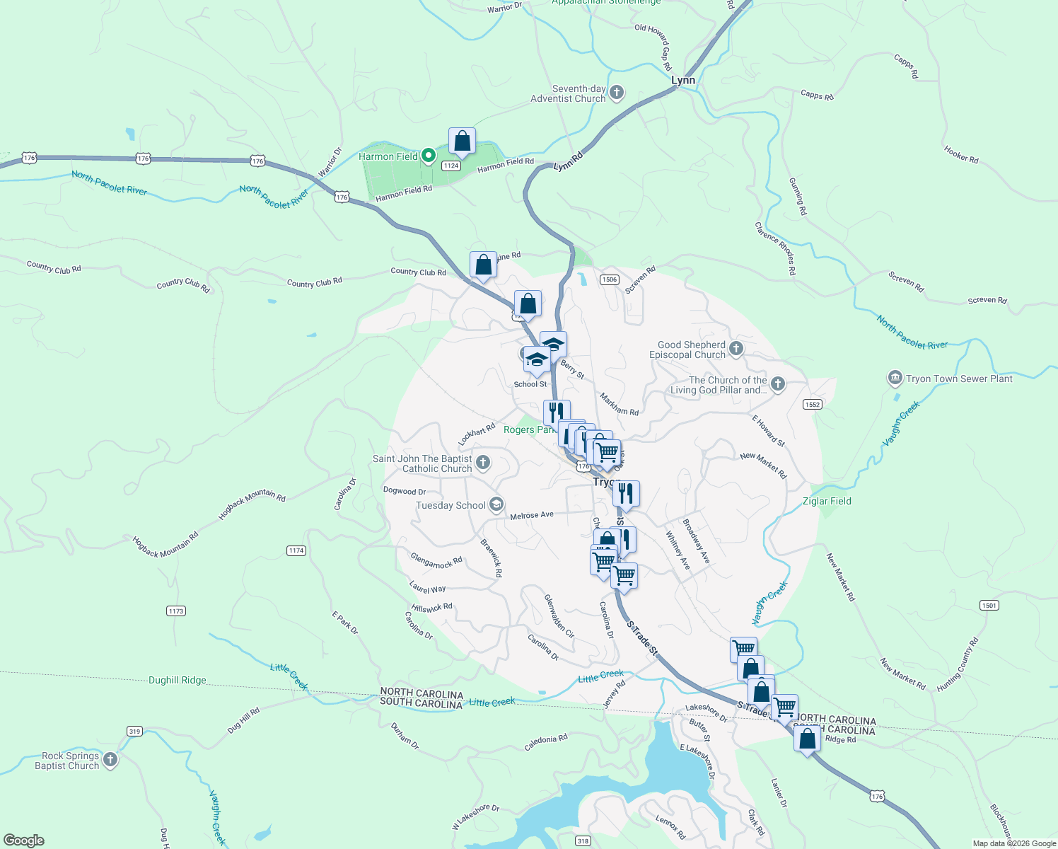map of restaurants, bars, coffee shops, grocery stores, and more near 55 West Howard Street in Tryon