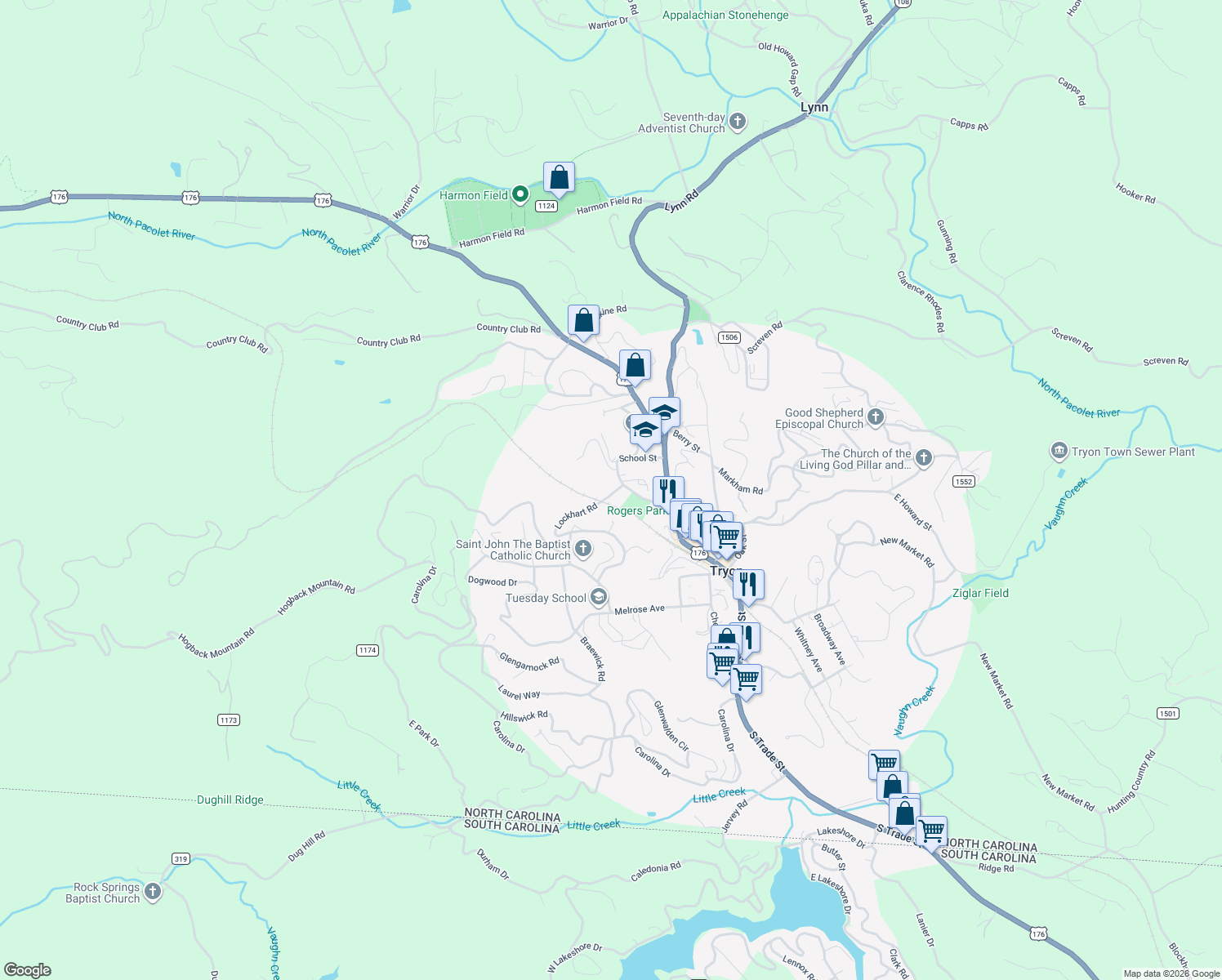 map of restaurants, bars, coffee shops, grocery stores, and more near 34 Lockhart Road in Tryon