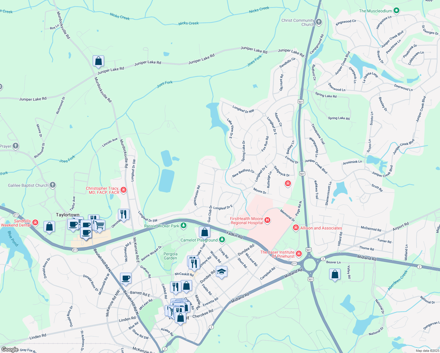 map of restaurants, bars, coffee shops, grocery stores, and more near 5 Love Lane in Pinehurst