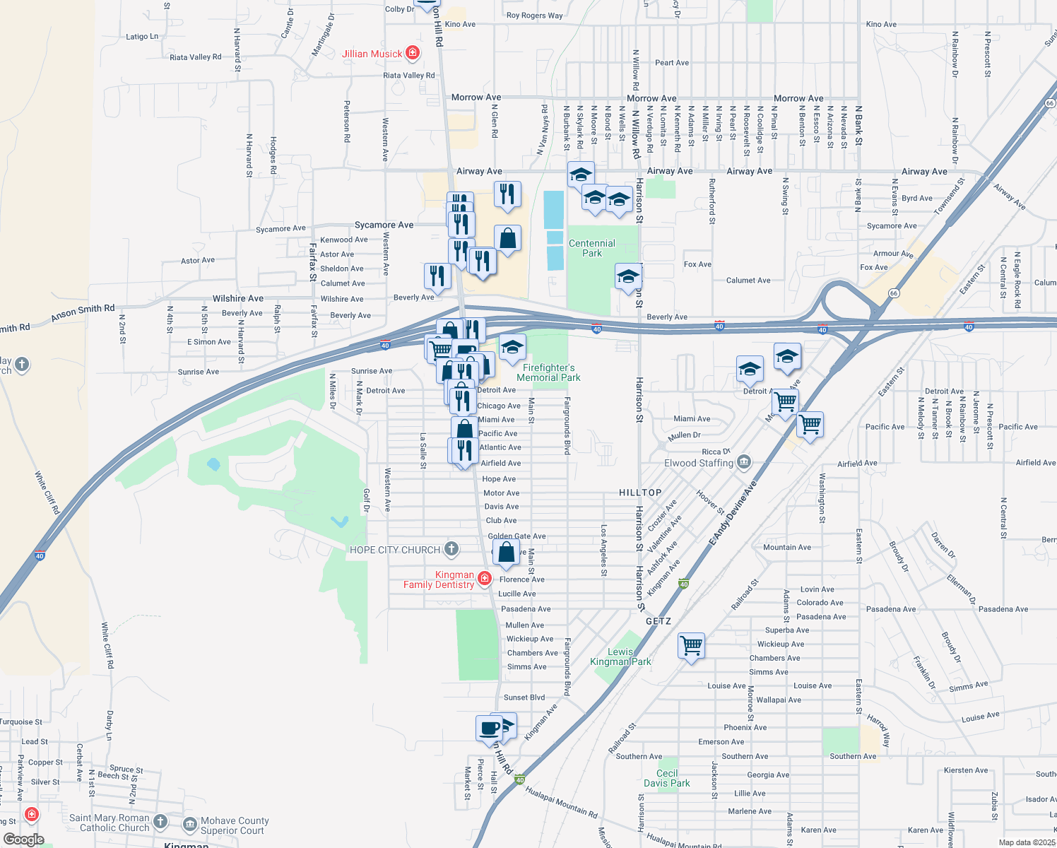 map of restaurants, bars, coffee shops, grocery stores, and more near 1986 Miami Avenue in Kingman