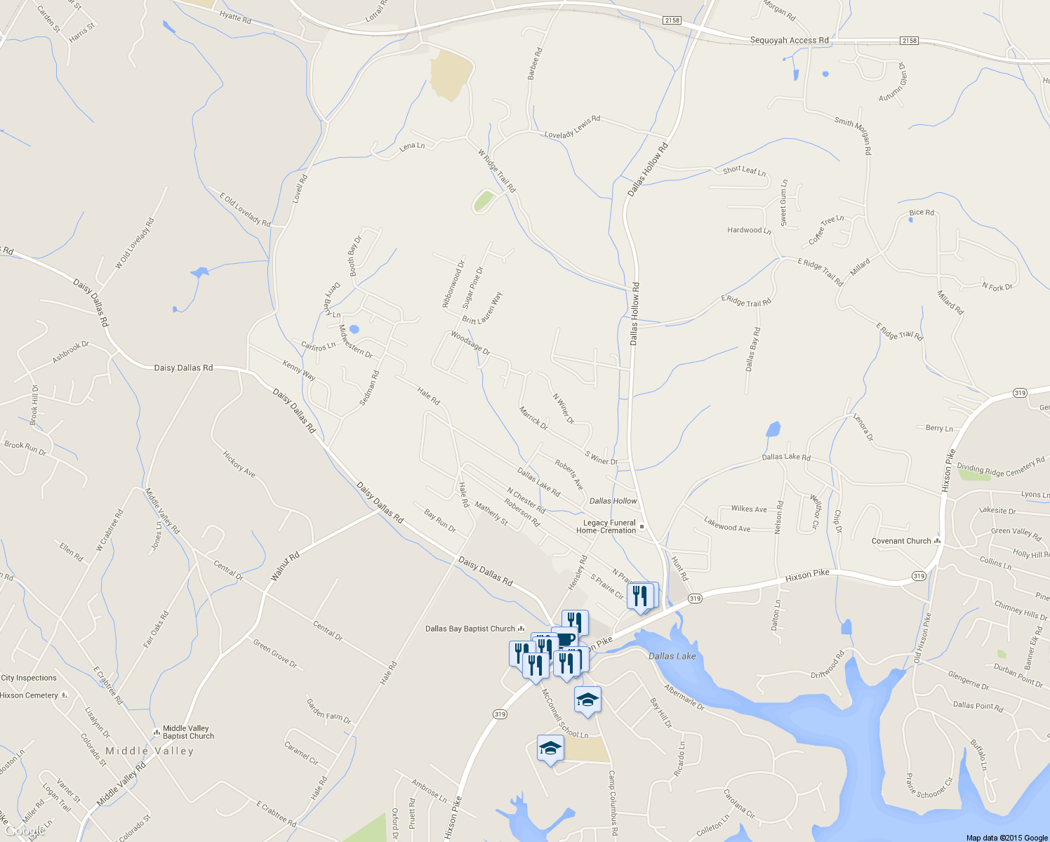 map of restaurants, bars, coffee shops, grocery stores, and more near 1436 Marrick Drive in Soddy-Daisy