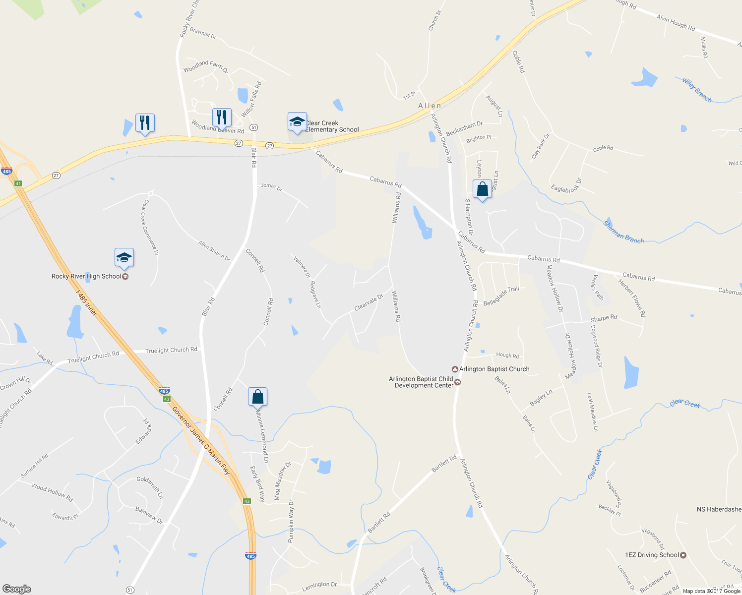 map of restaurants, bars, coffee shops, grocery stores, and more near 14225 Clearvale Drive in Mint Hill