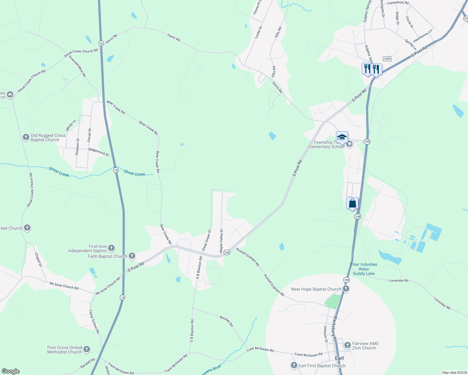map of restaurants, bars, coffee shops, grocery stores, and more near 6002 Leo Drive in Shelby