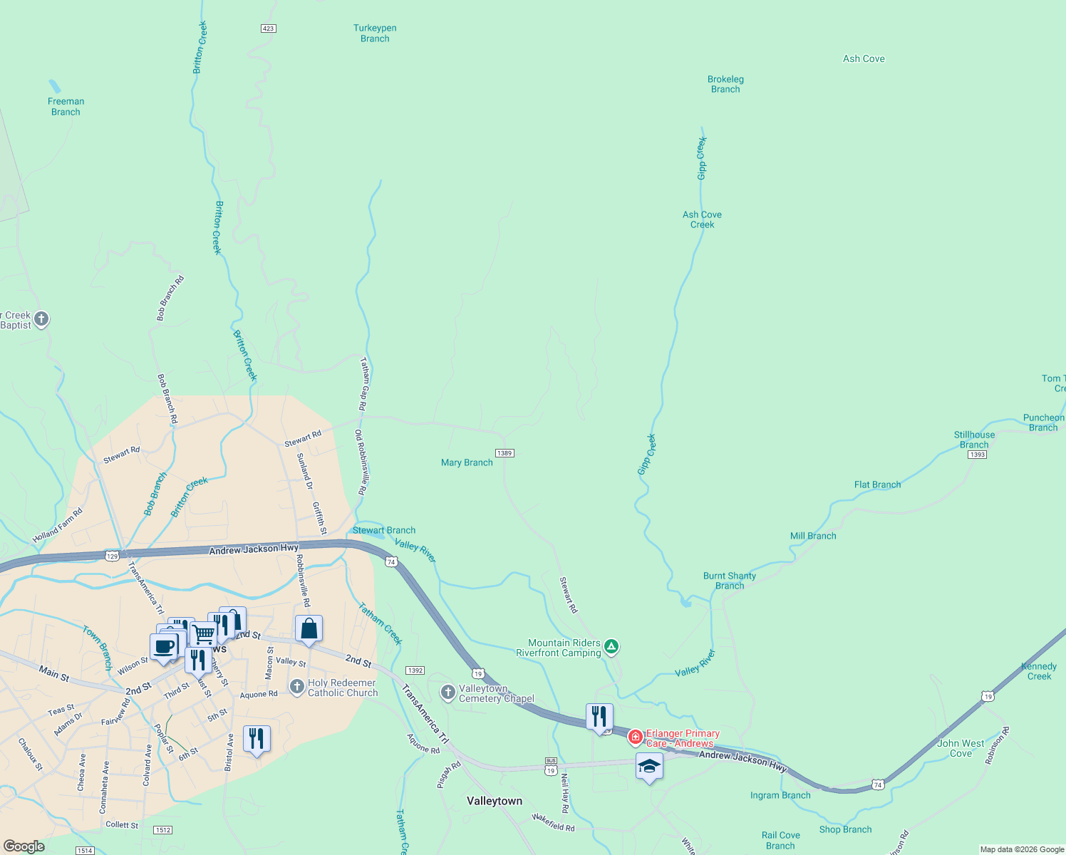 map of restaurants, bars, coffee shops, grocery stores, and more near 1525 Stewart Road in Andrews