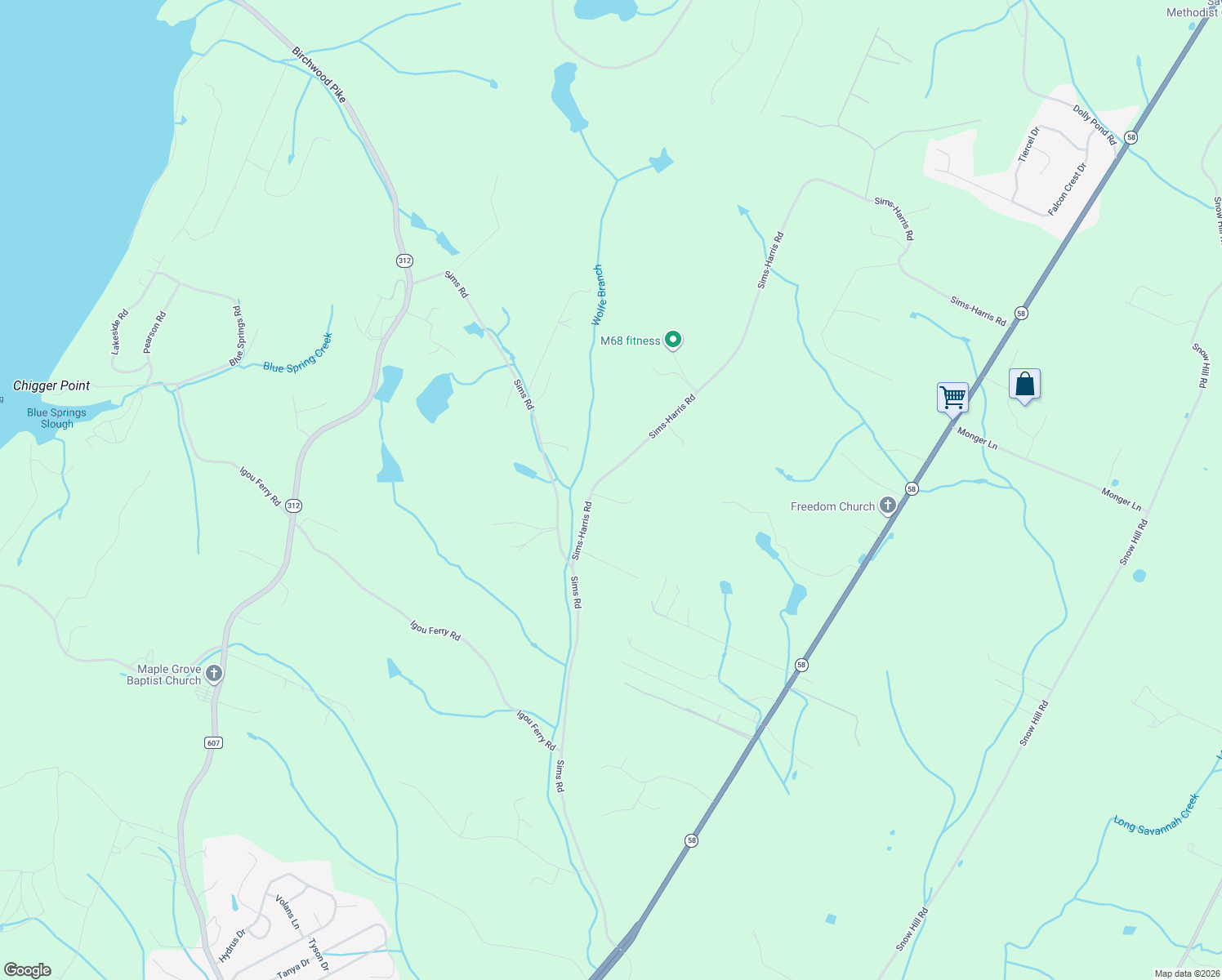 map of restaurants, bars, coffee shops, grocery stores, and more near 9738 Sims-Harris Road in Ooltewah