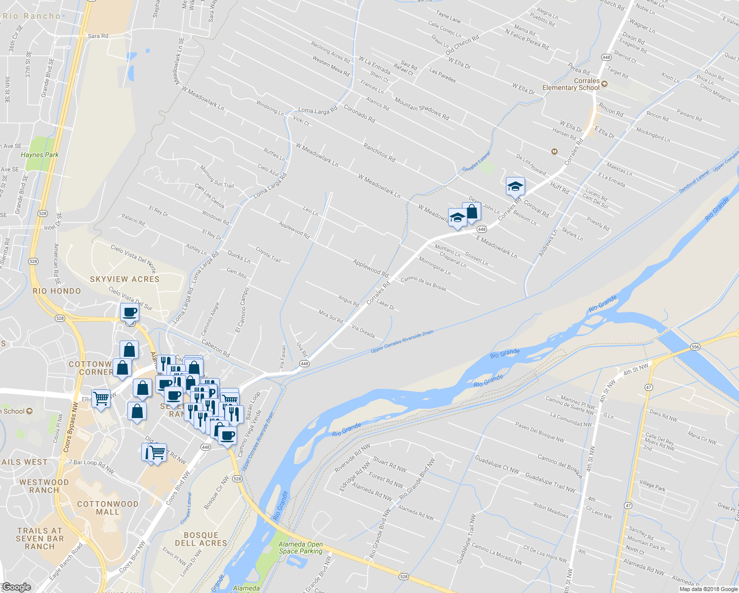 map of restaurants, bars, coffee shops, grocery stores, and more near 3081 Corrales Road in Corrales