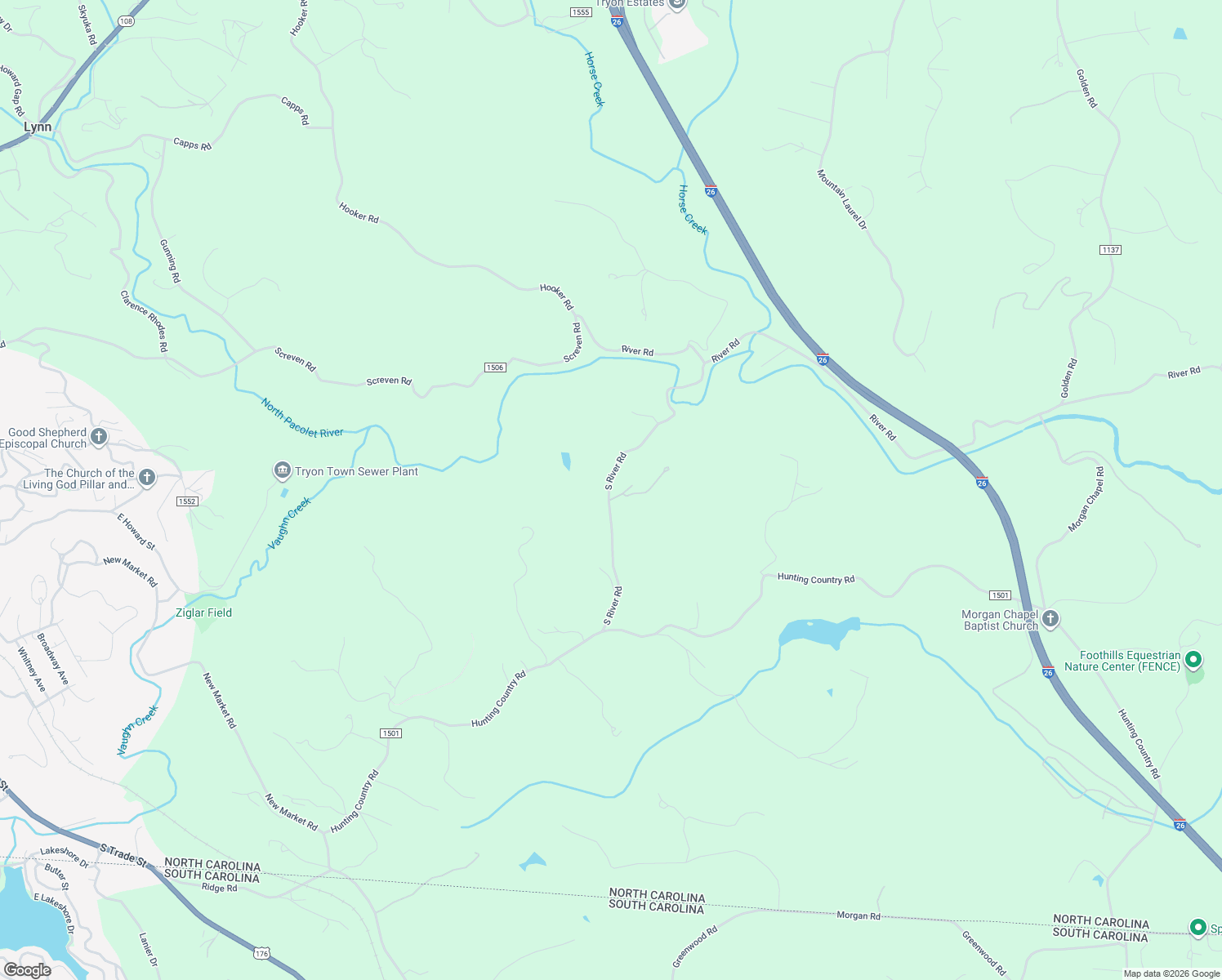 map of restaurants, bars, coffee shops, grocery stores, and more near 424 South River Road in Tryon