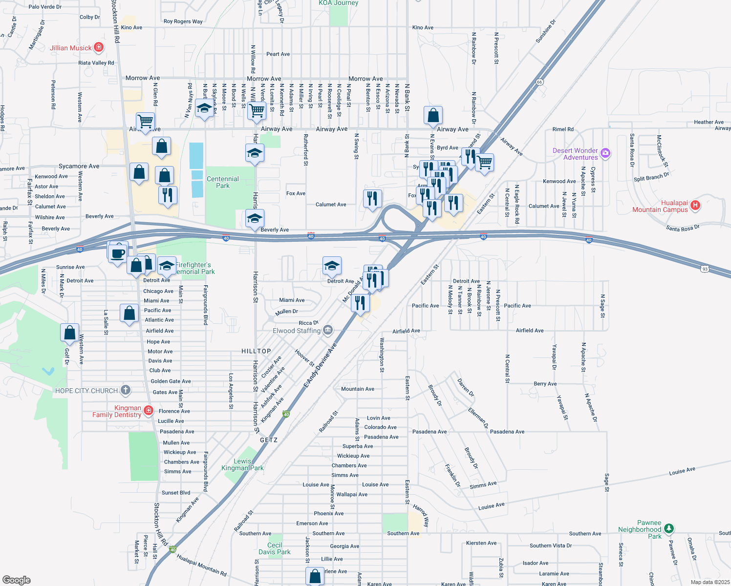 map of restaurants, bars, coffee shops, grocery stores, and more near 2939 E Andy Devine Ave in Kingman