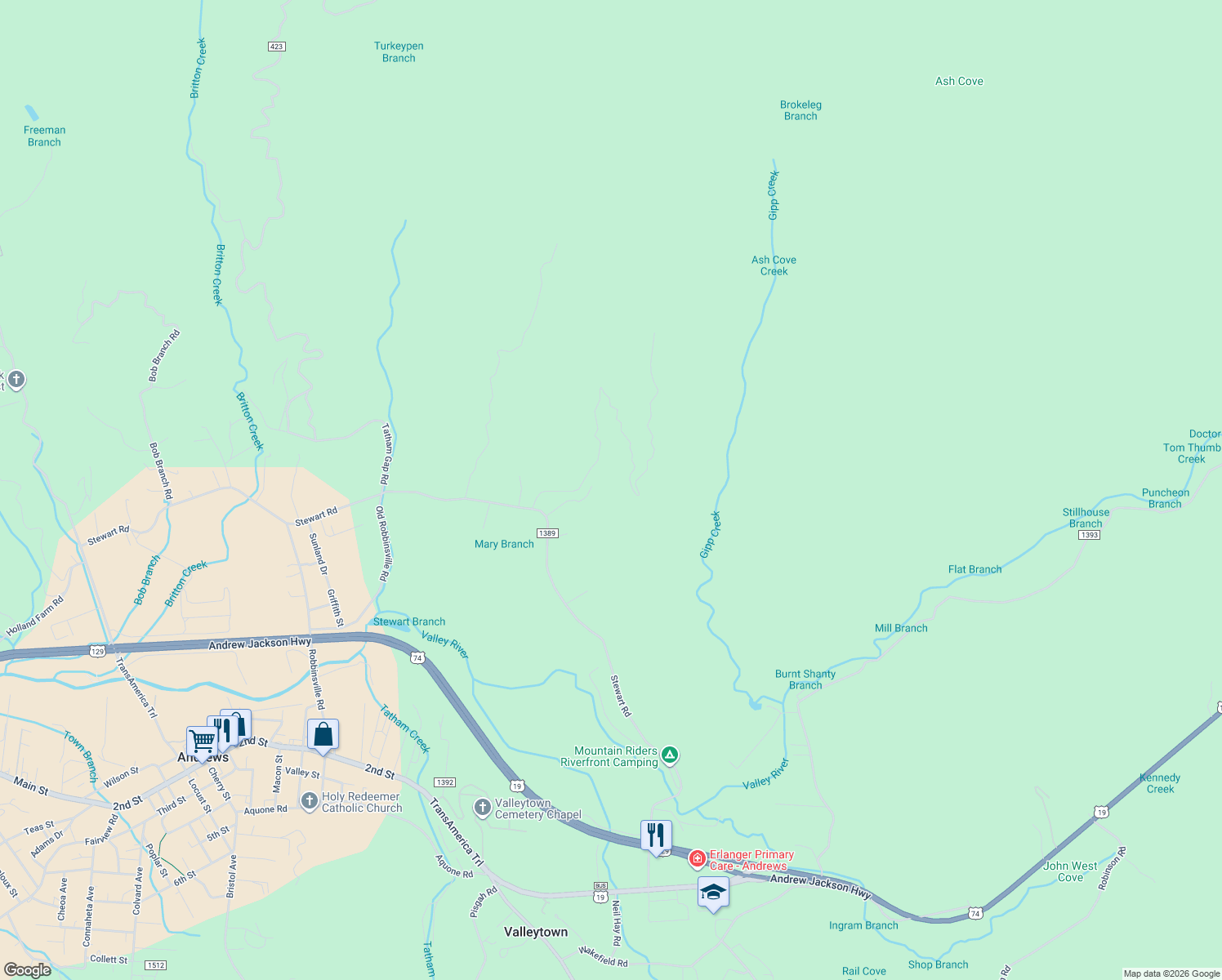 map of restaurants, bars, coffee shops, grocery stores, and more near 1525 Stewart Road in Andrews