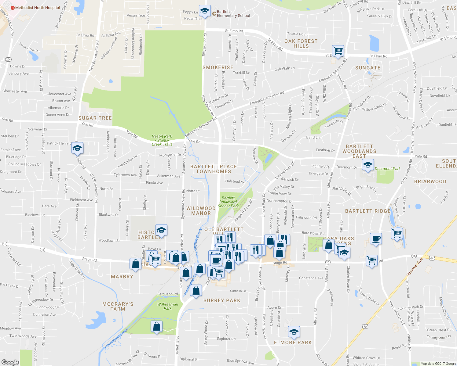 map of restaurants, bars, coffee shops, grocery stores, and more near 6037 Halstead Street in Bartlett