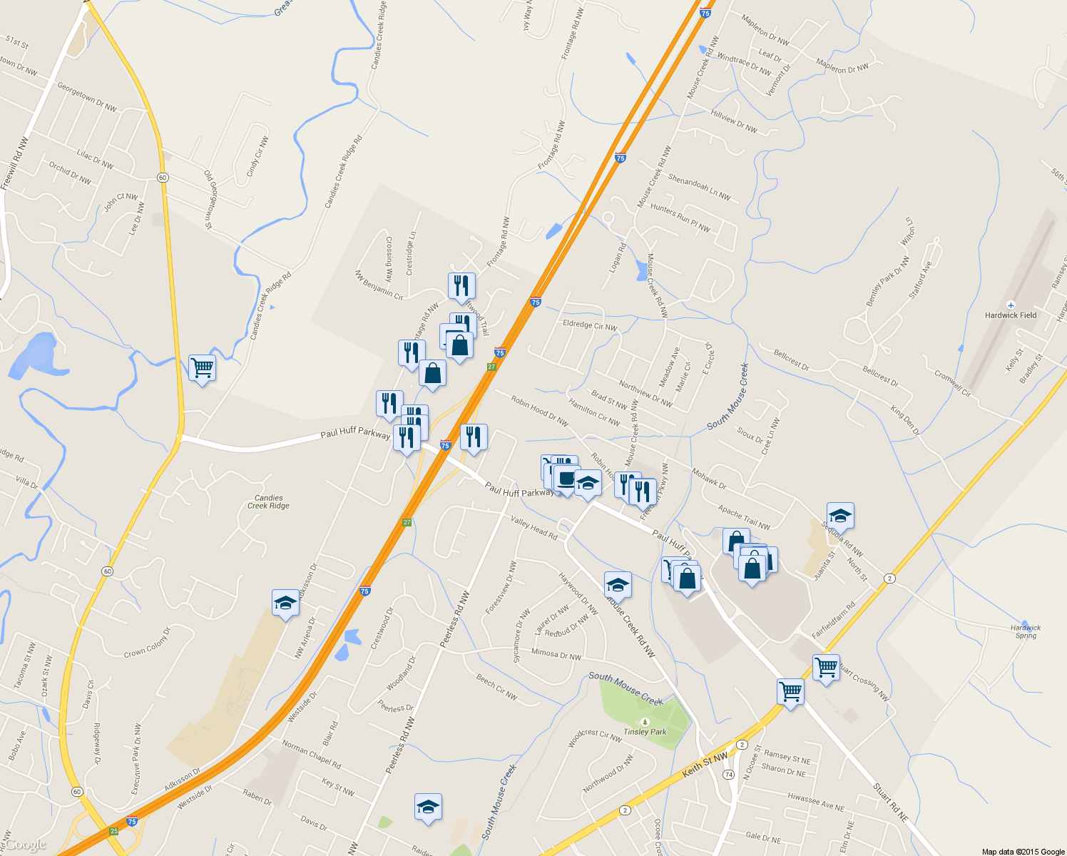 map of restaurants, bars, coffee shops, grocery stores, and more near 1115 Robin Hood Dr NW in Cleveland