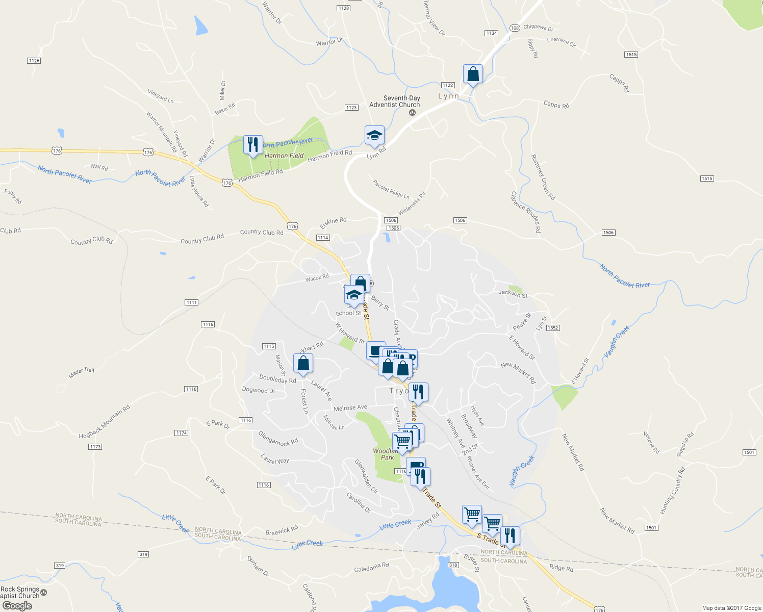 map of restaurants, bars, coffee shops, grocery stores, and more near 90 Berry Street in Tryon