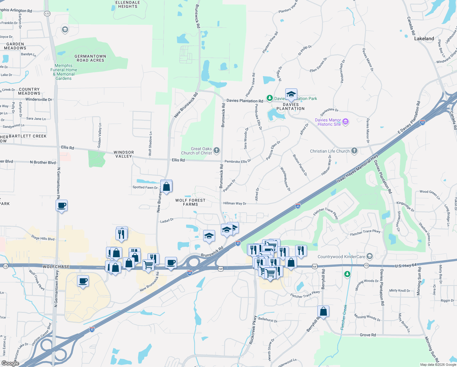 map of restaurants, bars, coffee shops, grocery stores, and more near 3225 Patches Drive in Memphis