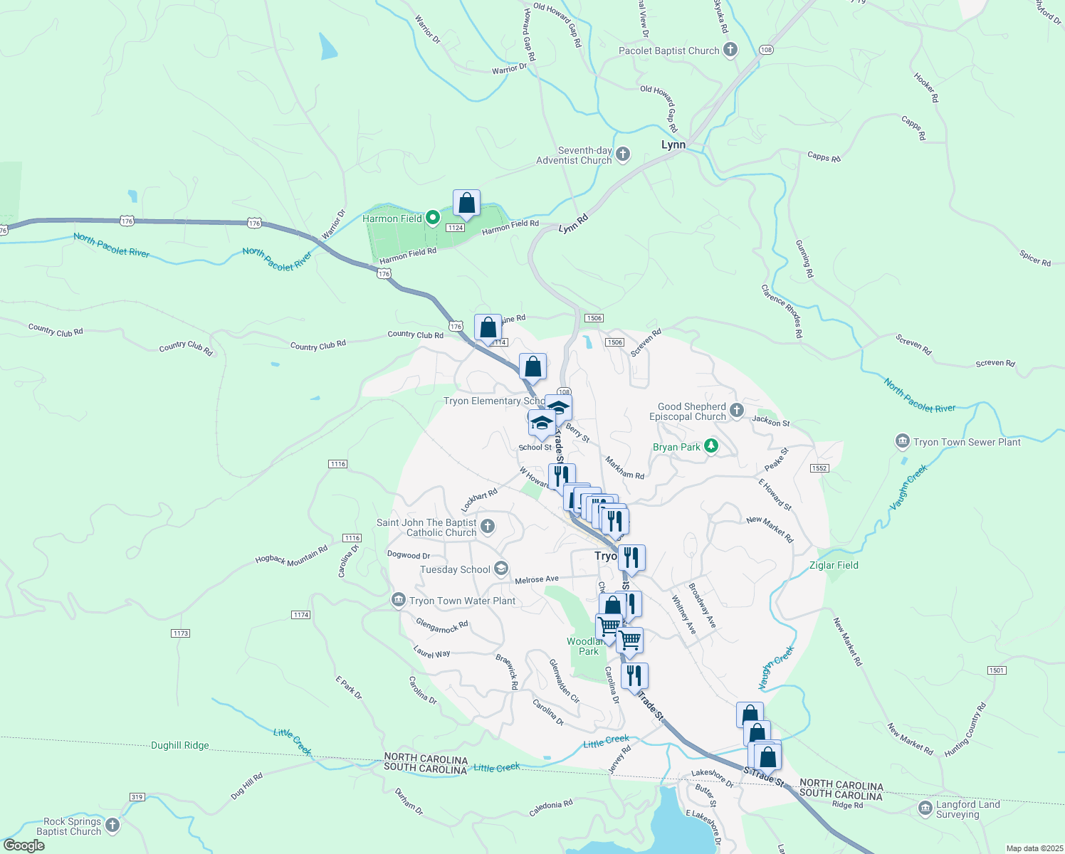 map of restaurants, bars, coffee shops, grocery stores, and more near 100 School Place in Tryon