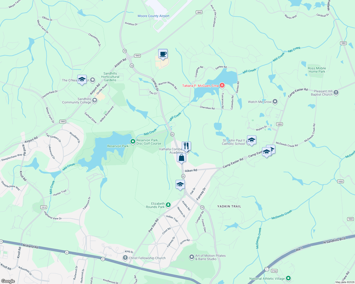 map of restaurants, bars, coffee shops, grocery stores, and more near 1455 Central Drive in Southern Pines
