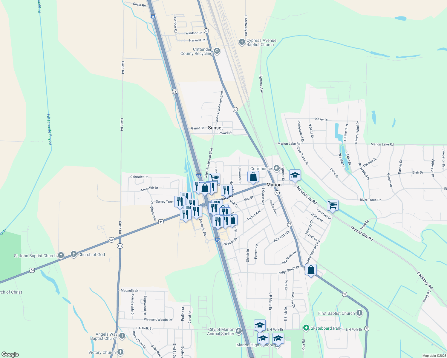 map of restaurants, bars, coffee shops, grocery stores, and more near 90 Masbend Cove in Marion
