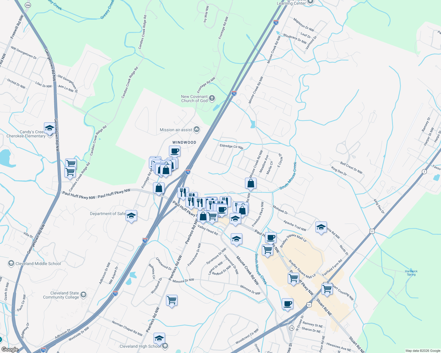 map of restaurants, bars, coffee shops, grocery stores, and more near 1121 Hamilton Circle Northwest in Cleveland