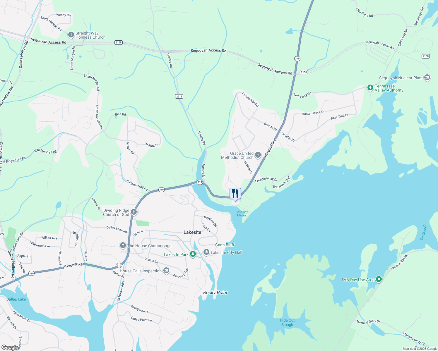 map of restaurants, bars, coffee shops, grocery stores, and more near 9729 Shoreline Heights Drive in Soddy-Daisy