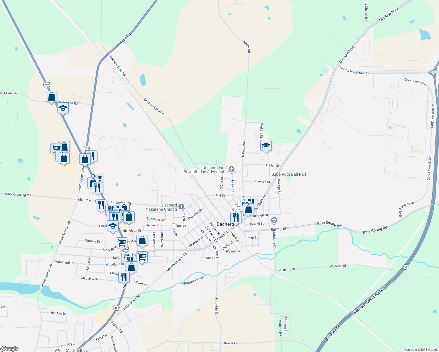 map of restaurants, bars, coffee shops, grocery stores, and more near 503 N 2nd St in Decherd