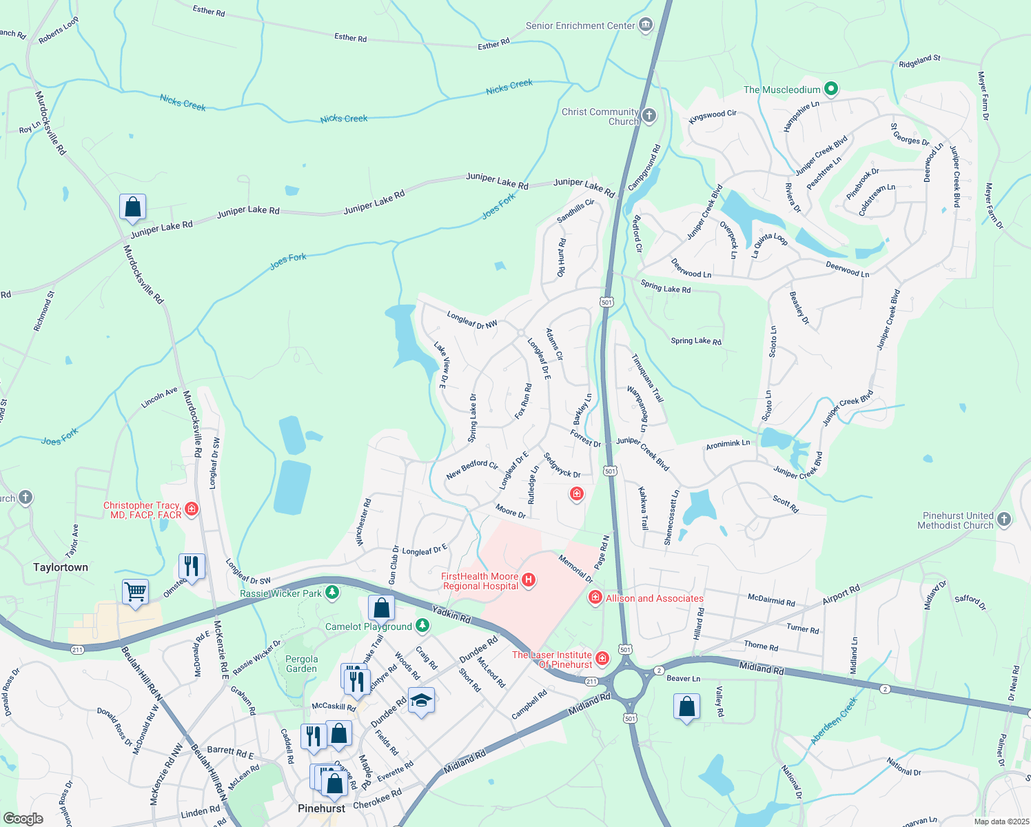 map of restaurants, bars, coffee shops, grocery stores, and more near 95 Fox Run Road in Pinehurst