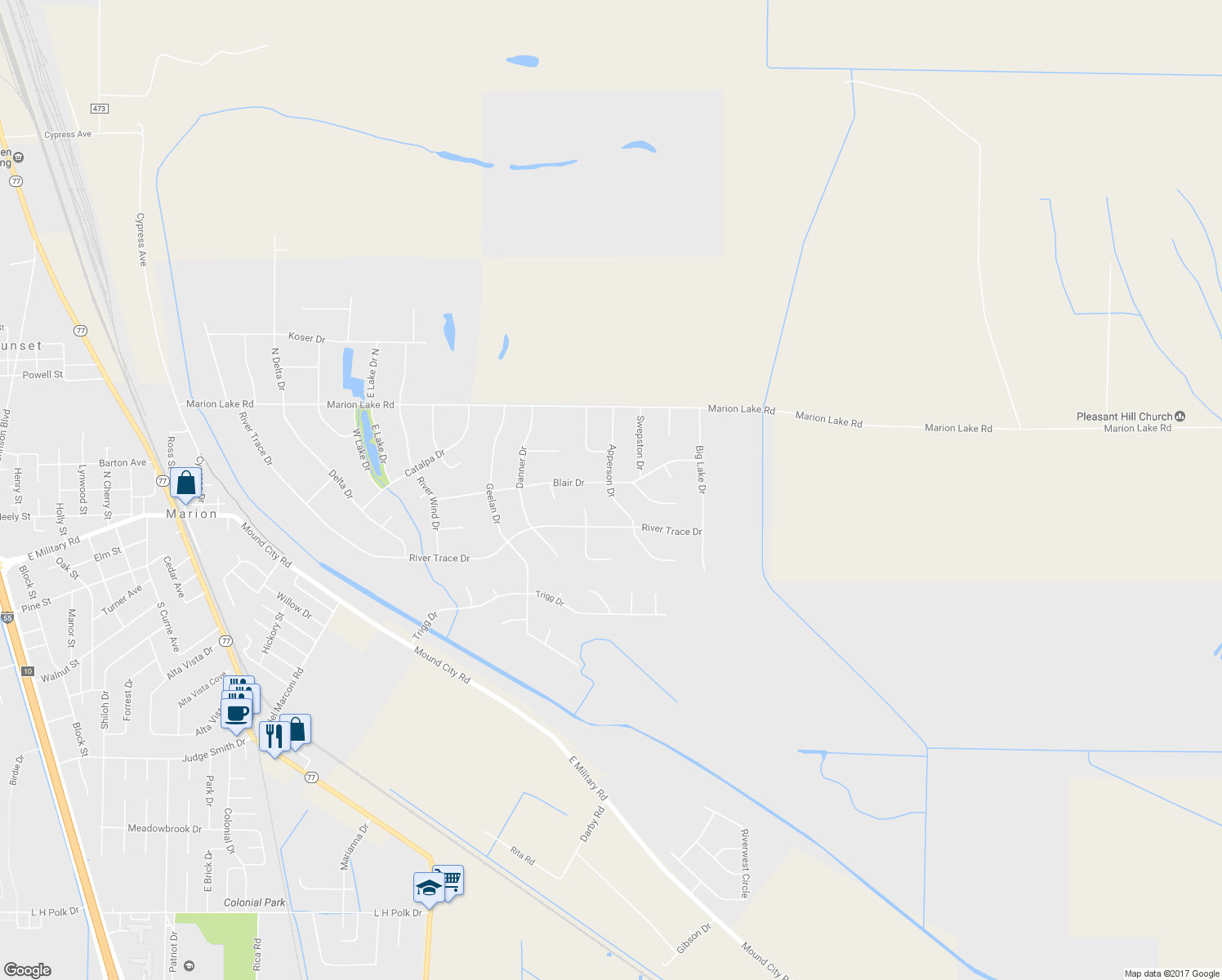 map of restaurants, bars, coffee shops, grocery stores, and more near 513 Apperson Drive in Marion