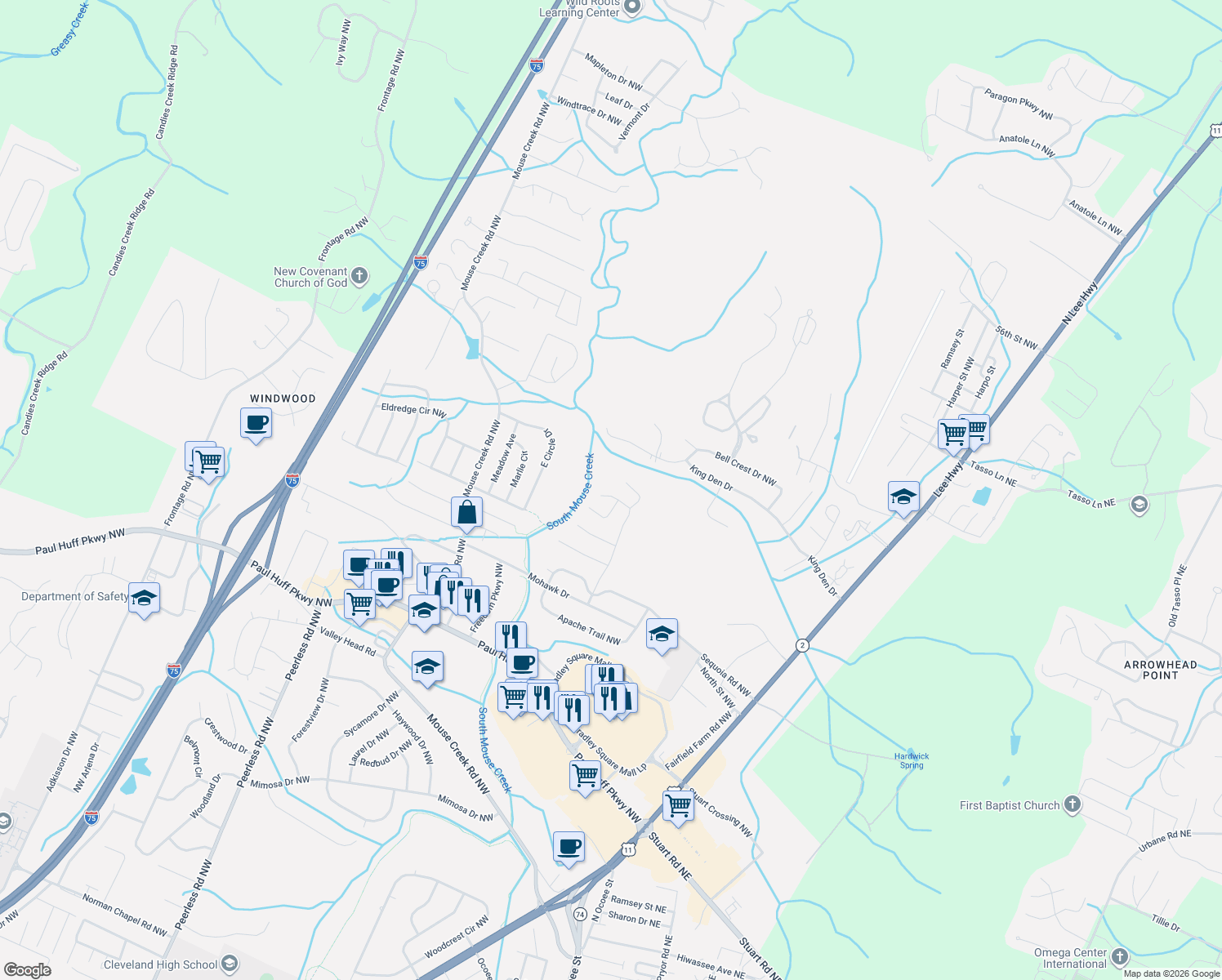 map of restaurants, bars, coffee shops, grocery stores, and more near 4756 Cree Ln NW in Cleveland
