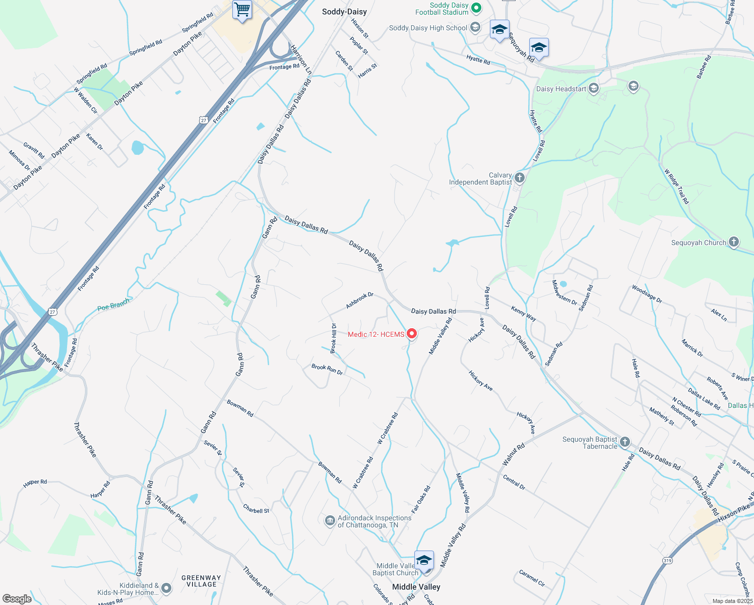 map of restaurants, bars, coffee shops, grocery stores, and more near 820 Ashbrook Drive in Soddy-Daisy