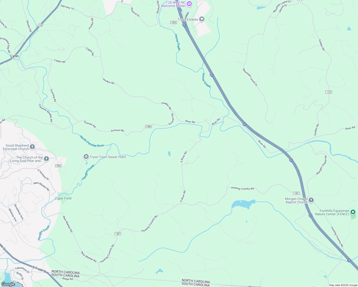 map of restaurants, bars, coffee shops, grocery stores, and more near 424 South River Road in Tryon
