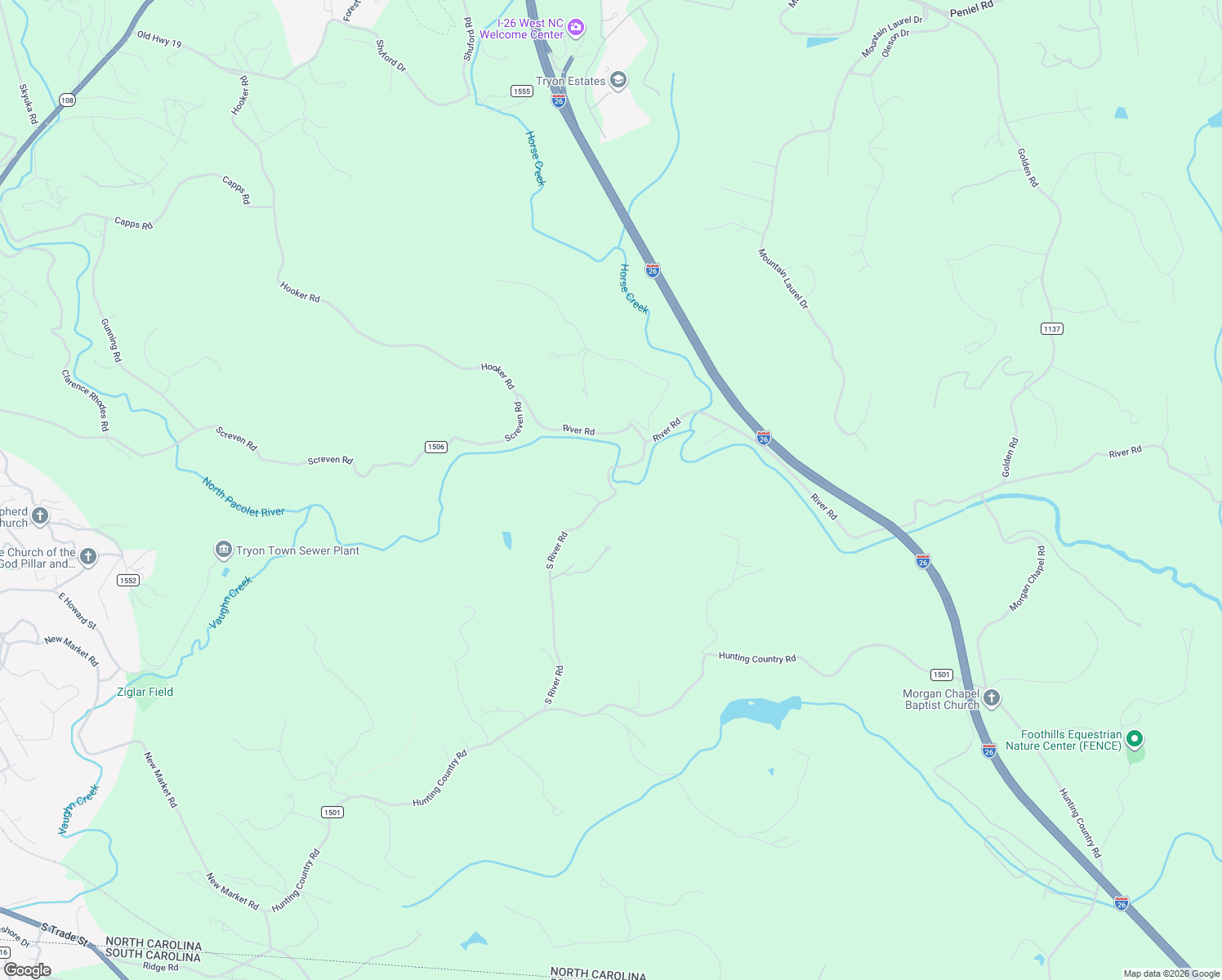 map of restaurants, bars, coffee shops, grocery stores, and more near 886 South River Road in Tryon