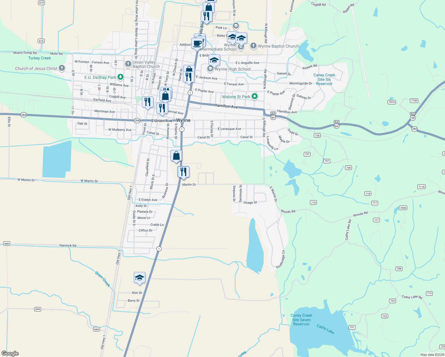 map of restaurants, bars, coffee shops, grocery stores, and more near 1100 Martin Drive in Wynne