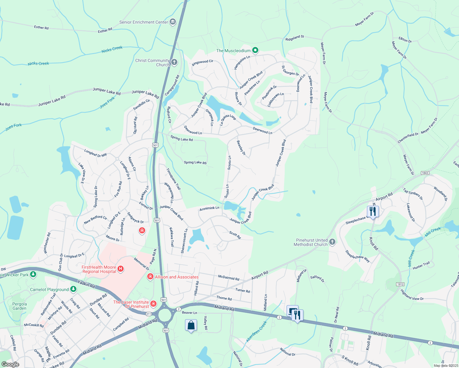 map of restaurants, bars, coffee shops, grocery stores, and more near 2 Canterbury Lane in Pinehurst
