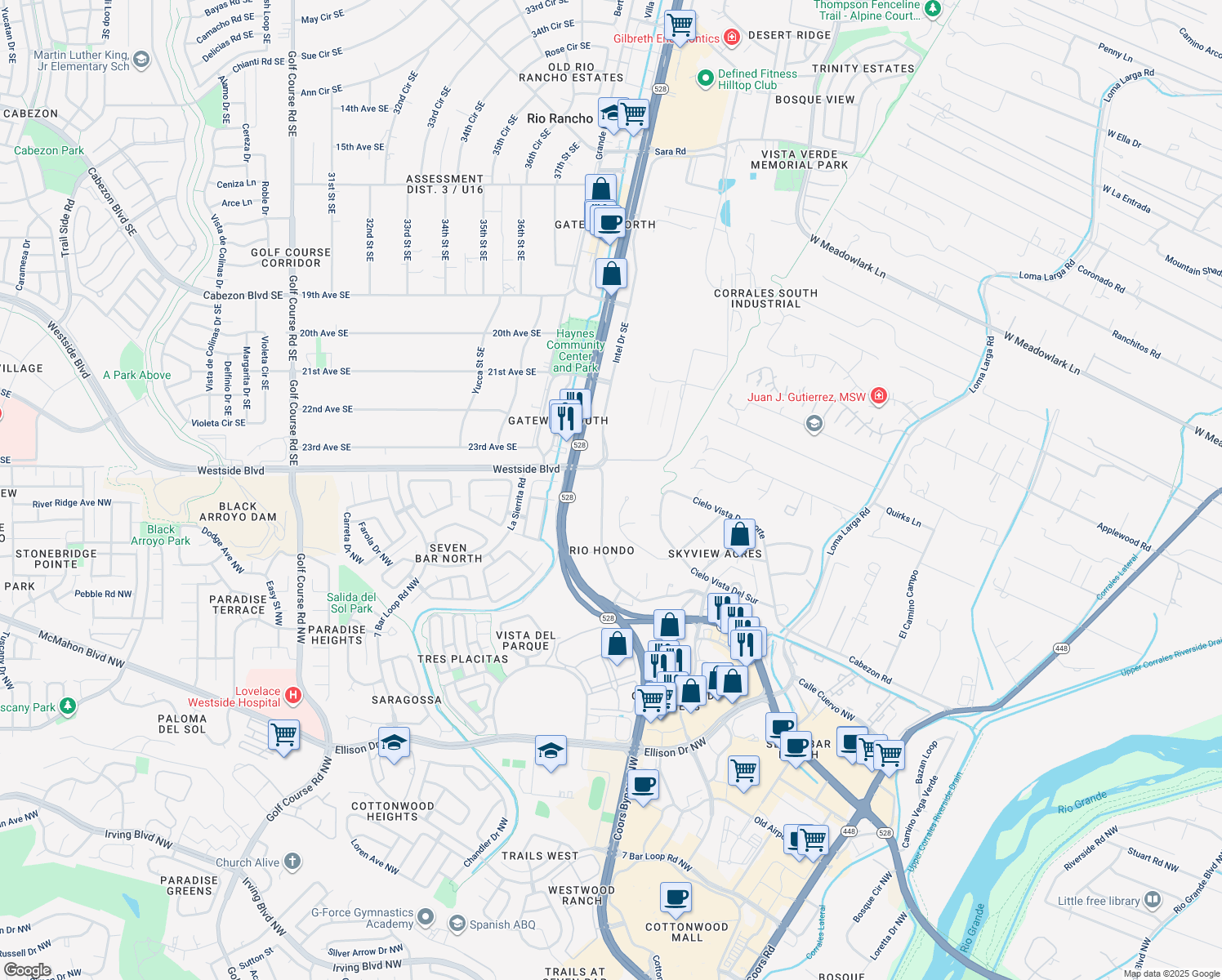 map of restaurants, bars, coffee shops, grocery stores, and more near 10703 Loma Del Cielo Northwest in Corrales