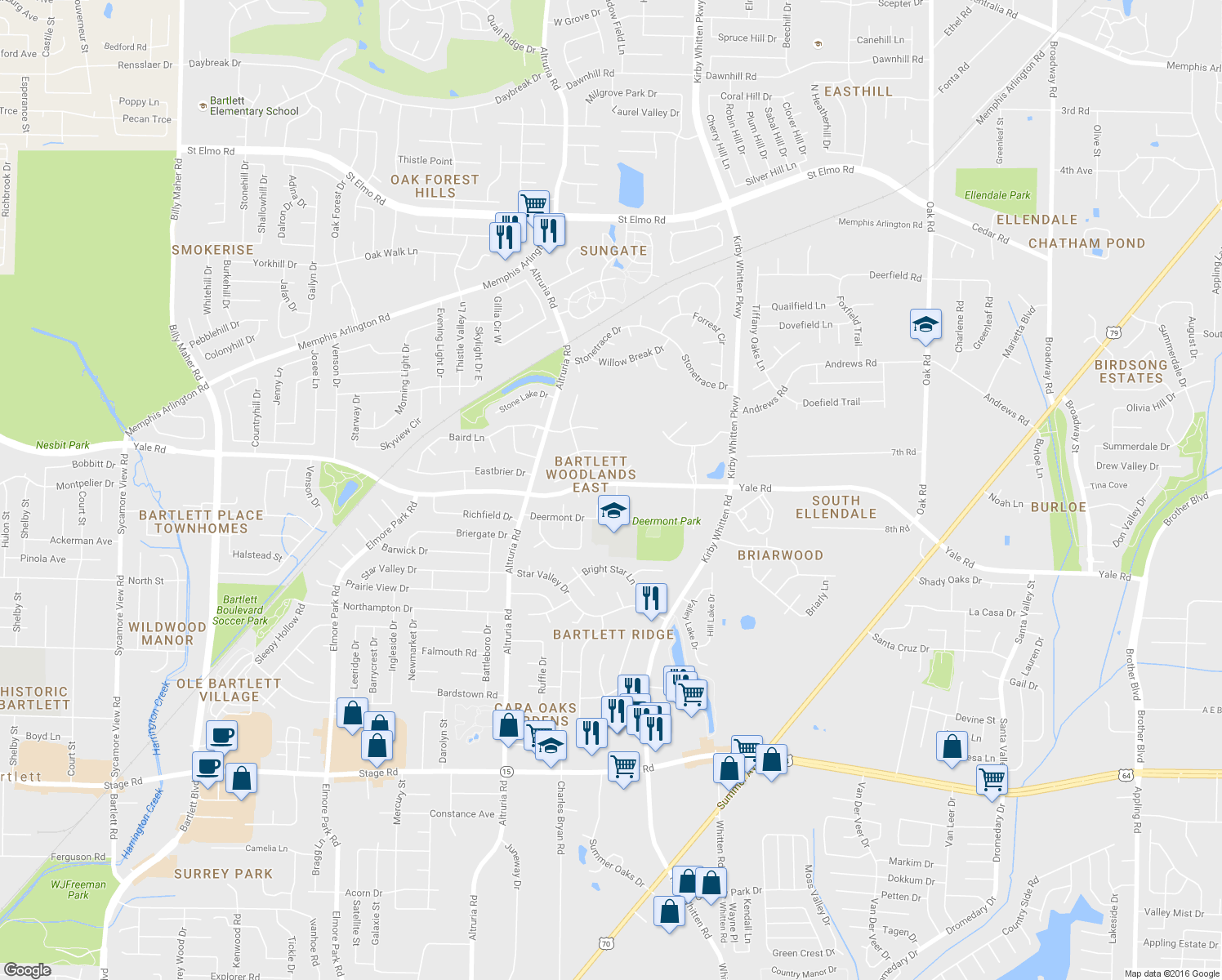 map of restaurants, bars, coffee shops, grocery stores, and more near 6623 Yale Road in Bartlett