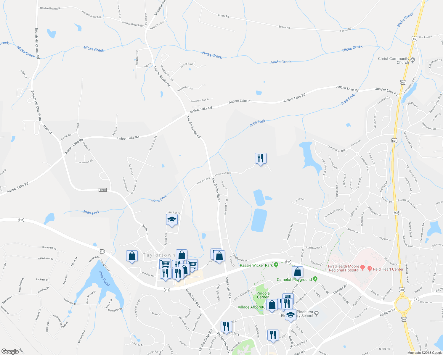 map of restaurants, bars, coffee shops, grocery stores, and more near 15 Juniper Lane in Pinehurst