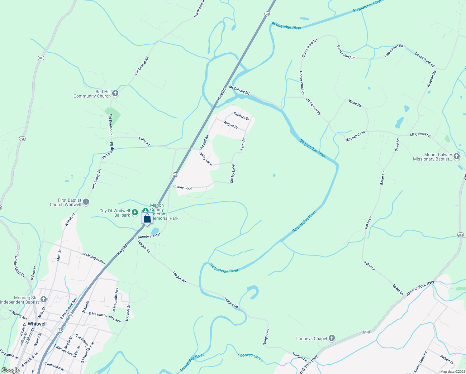 map of restaurants, bars, coffee shops, grocery stores, and more near 602 Shirley Loop in Whitwell