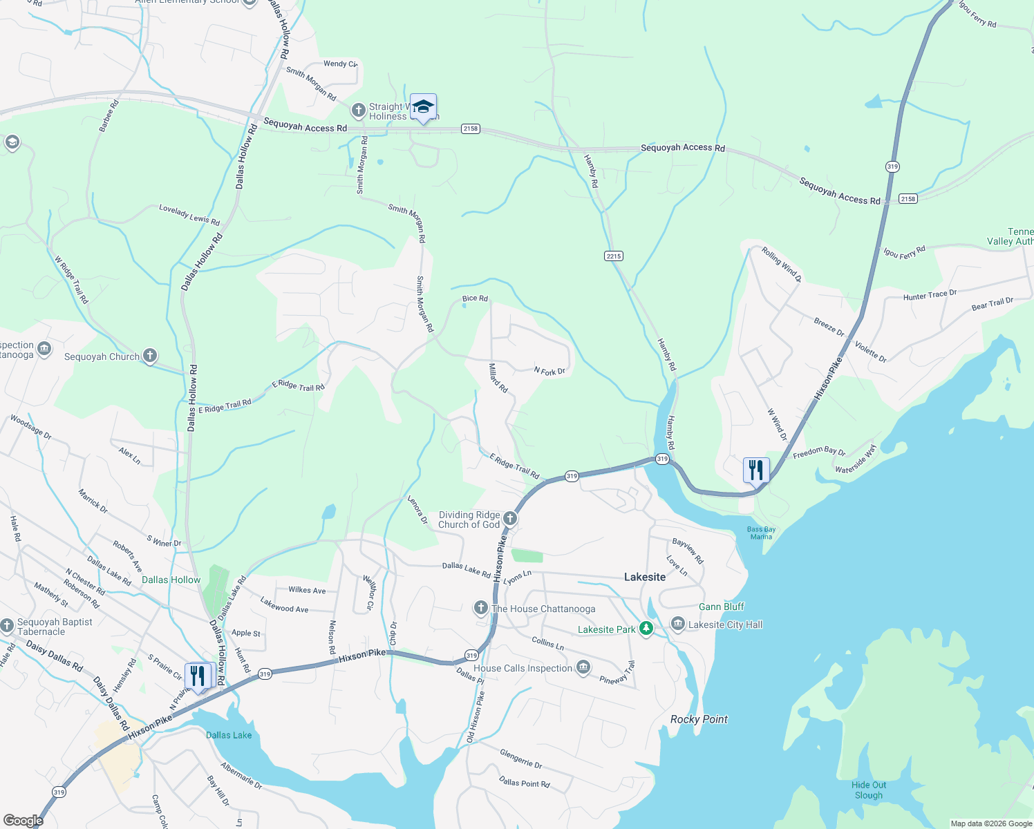 map of restaurants, bars, coffee shops, grocery stores, and more near 2108 Millard Road in Soddy-Daisy