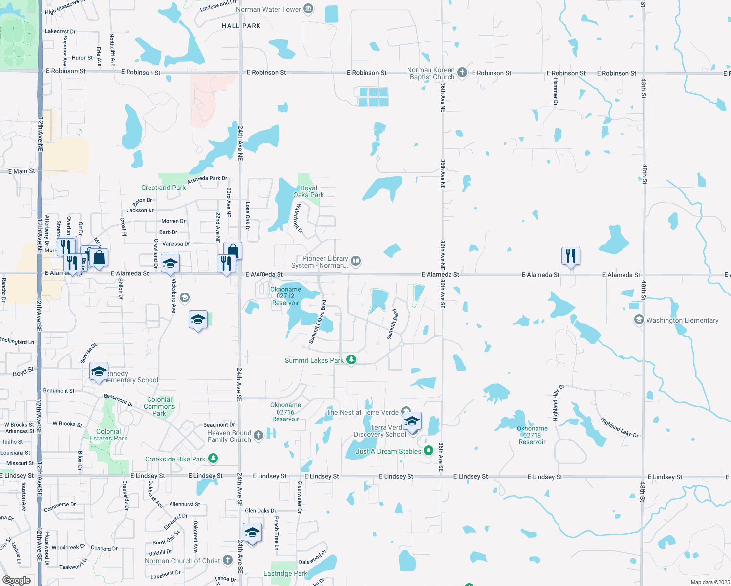 map of restaurants, bars, coffee shops, grocery stores, and more near 121 Summit Ridge Ct in Norman