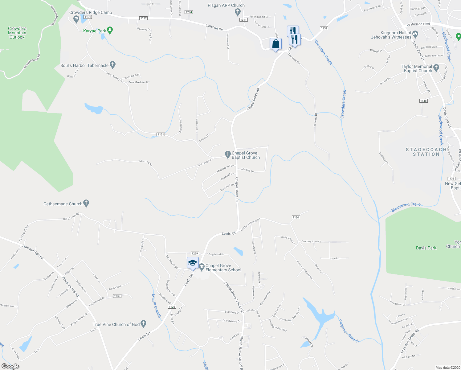 map of restaurants, bars, coffee shops, grocery stores, and more near 2300 Greenleaf Drive in Gastonia