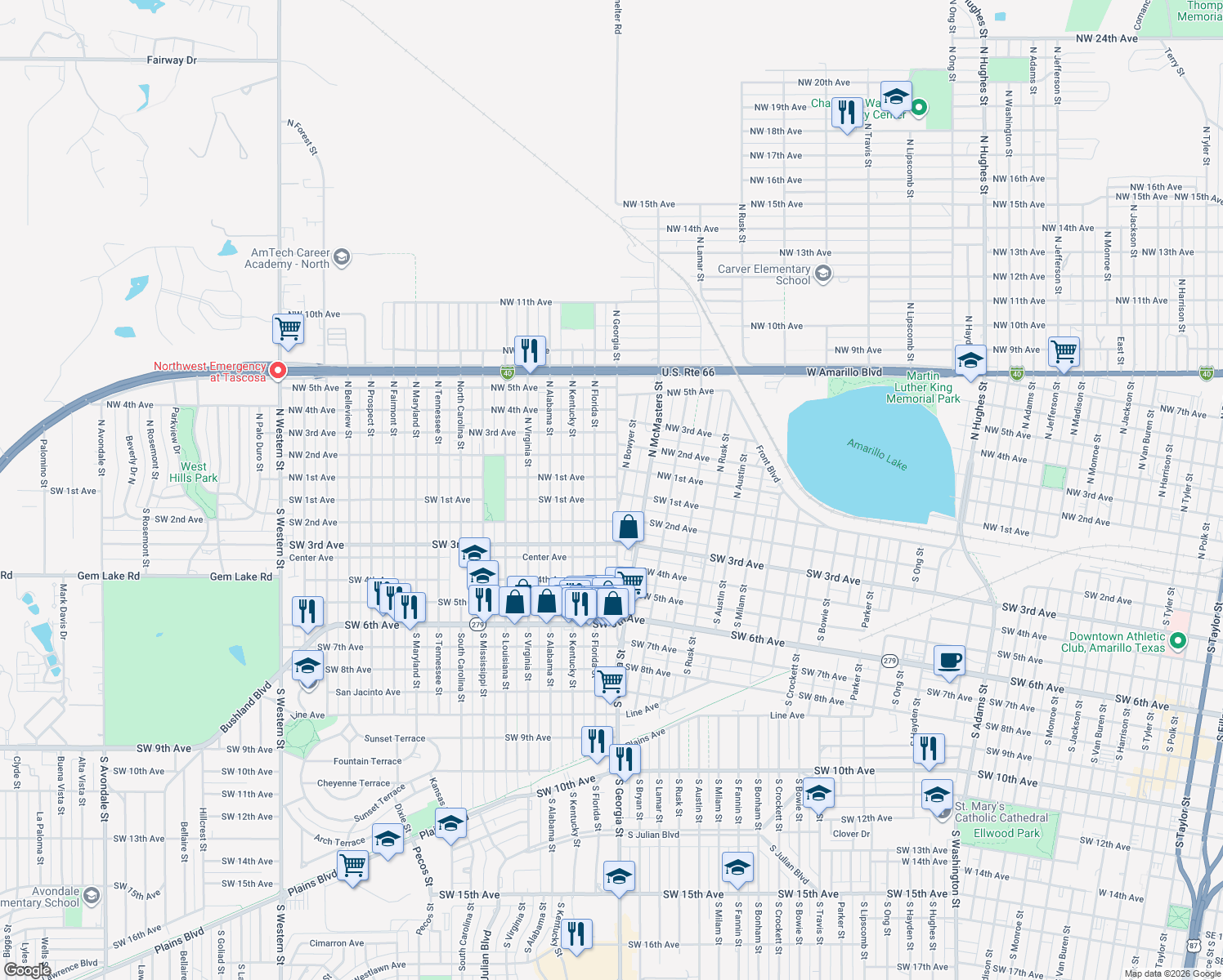 map of restaurants, bars, coffee shops, grocery stores, and more near 85 North Georgia Street in Amarillo