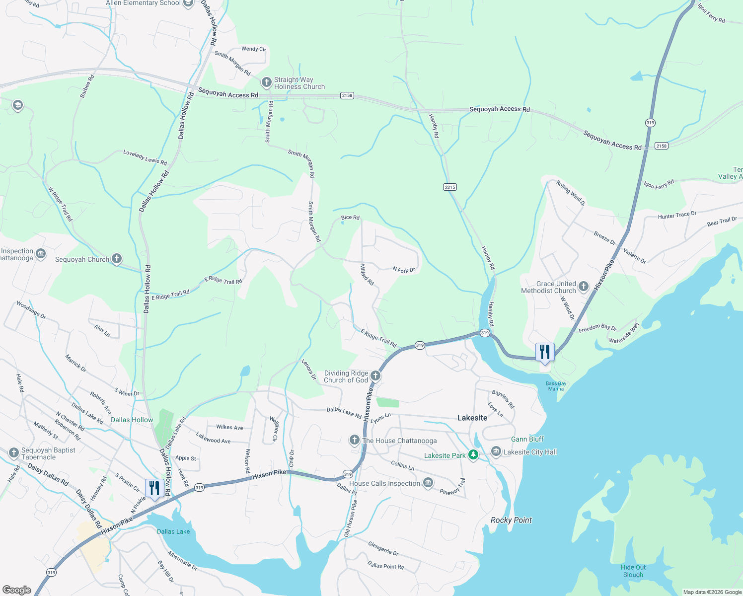map of restaurants, bars, coffee shops, grocery stores, and more near 2108 Millard Rd in Soddy-Daisy