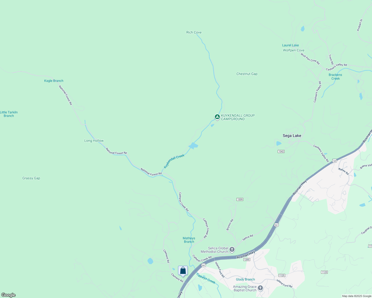 map of restaurants, bars, coffee shops, grocery stores, and more near Kuykendall Group Camp Road in Brevard