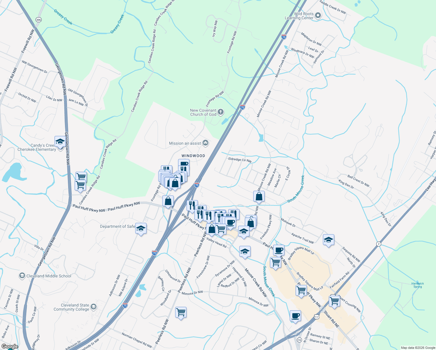 map of restaurants, bars, coffee shops, grocery stores, and more near 1163 Eldredge Dr NW in Cleveland
