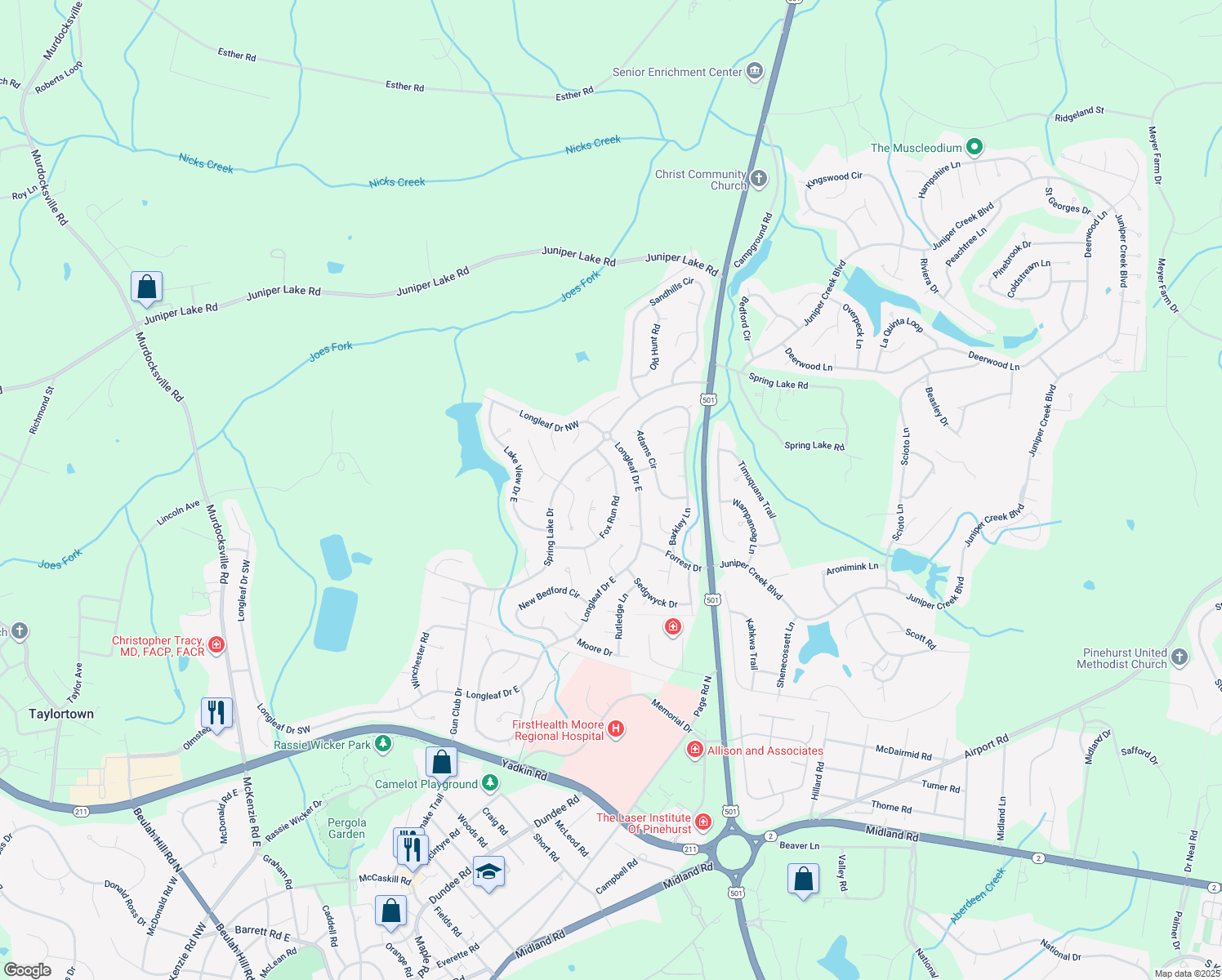 map of restaurants, bars, coffee shops, grocery stores, and more near 215 Fox Run Road in Pinehurst