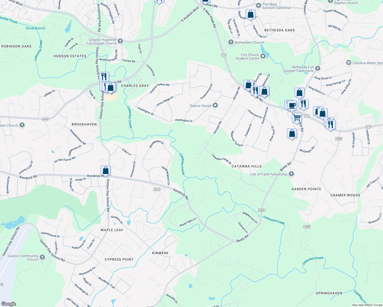 map of restaurants, bars, coffee shops, grocery stores, and more near 731 Ponderosa Trail in Gastonia