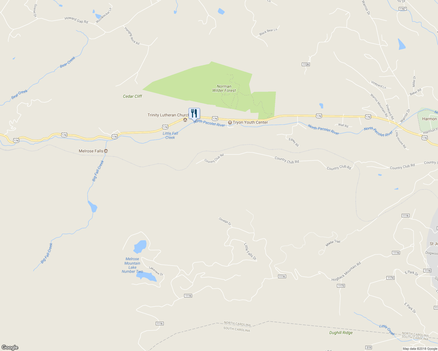 map of restaurants, bars, coffee shops, grocery stores, and more near 1107 SR in Tryon